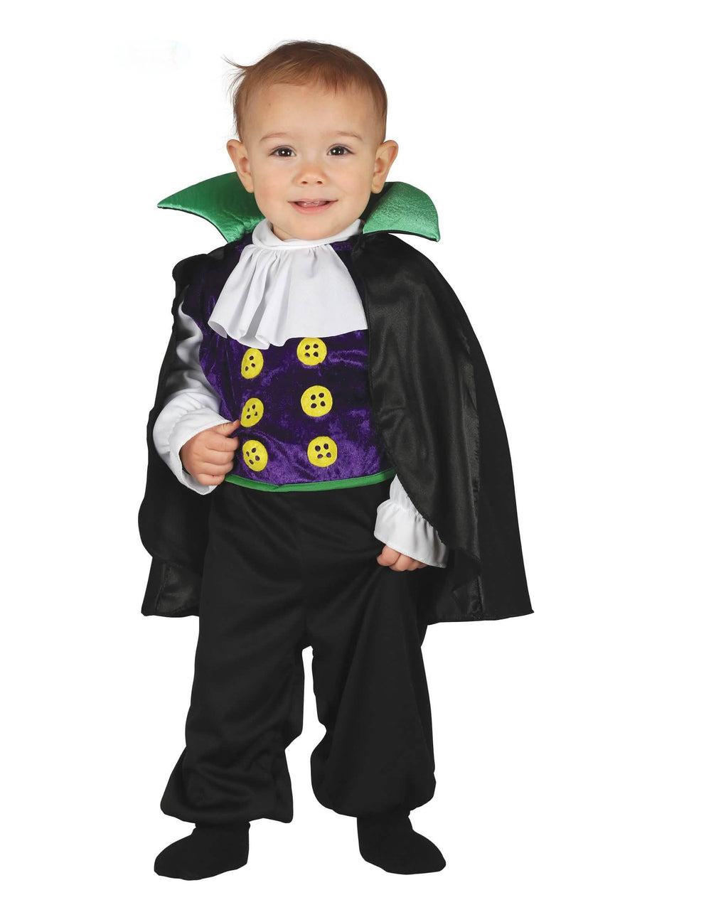Kostým kombinéza pre bábätko malého upírskeho grófa čierna fialová a zelená so žltými gombíkmi