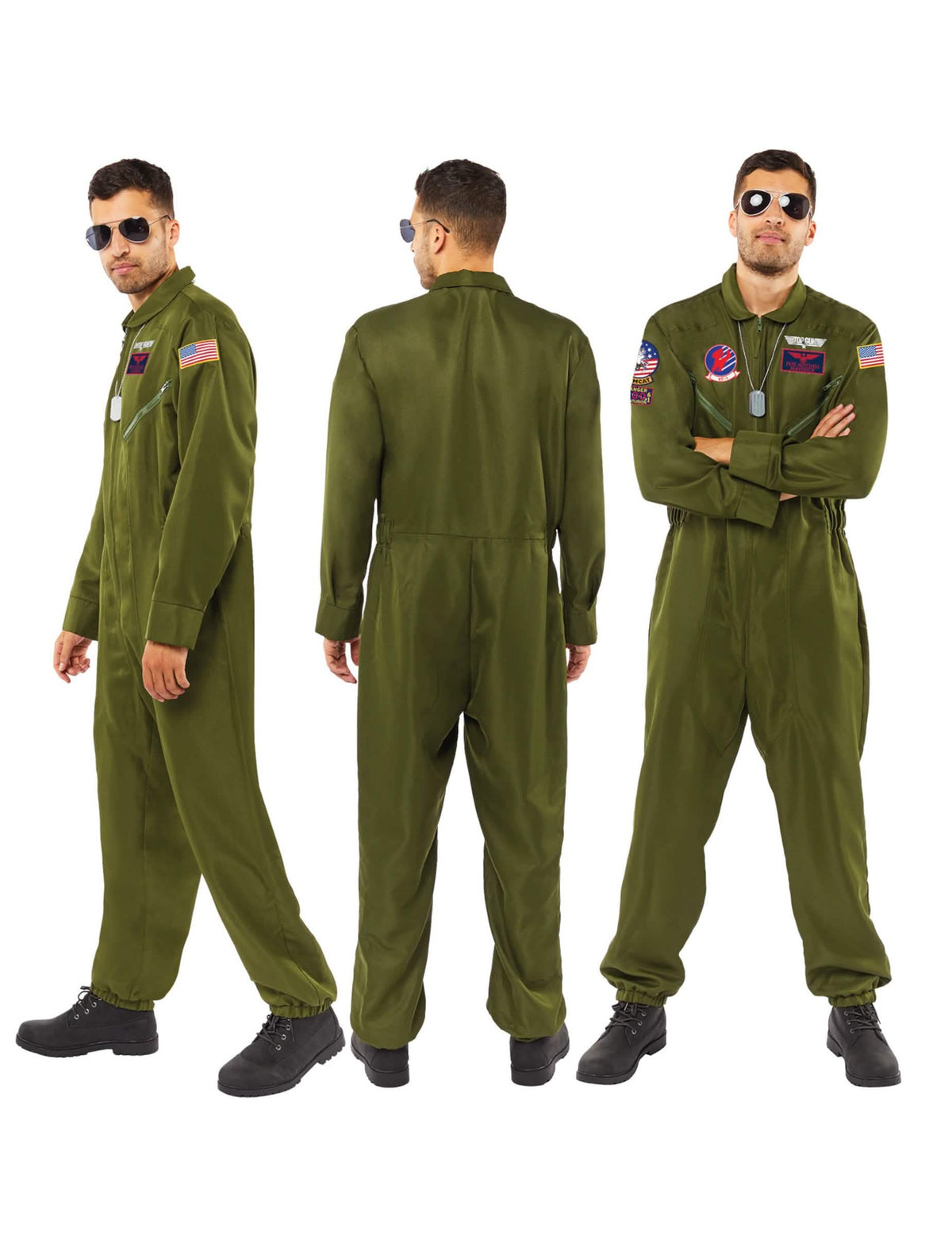 Pohľady spredu, zozadu a z profilu na pánsky kostým kombinéza Top Gun