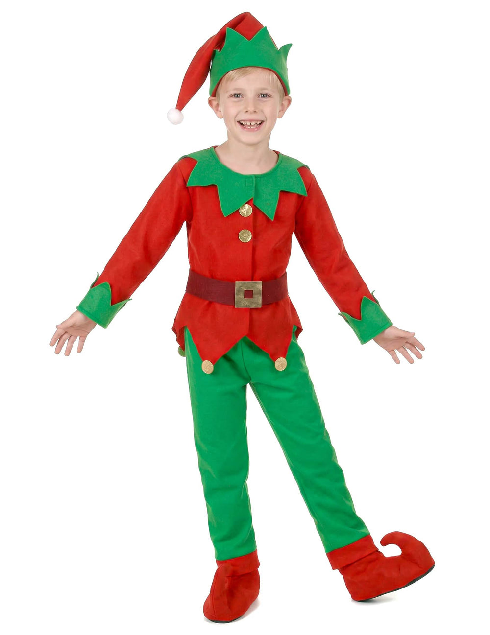 Kompletný vianočný kostým škriatka pre dieťa červená a zelená s čiapkou