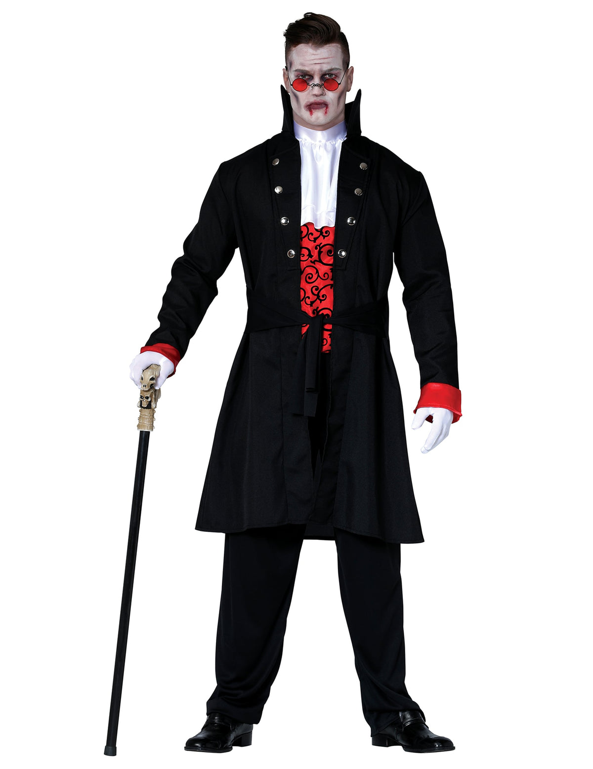 Déguisement de comte vampire pour adolescent noir et rouge avec jabot blanc