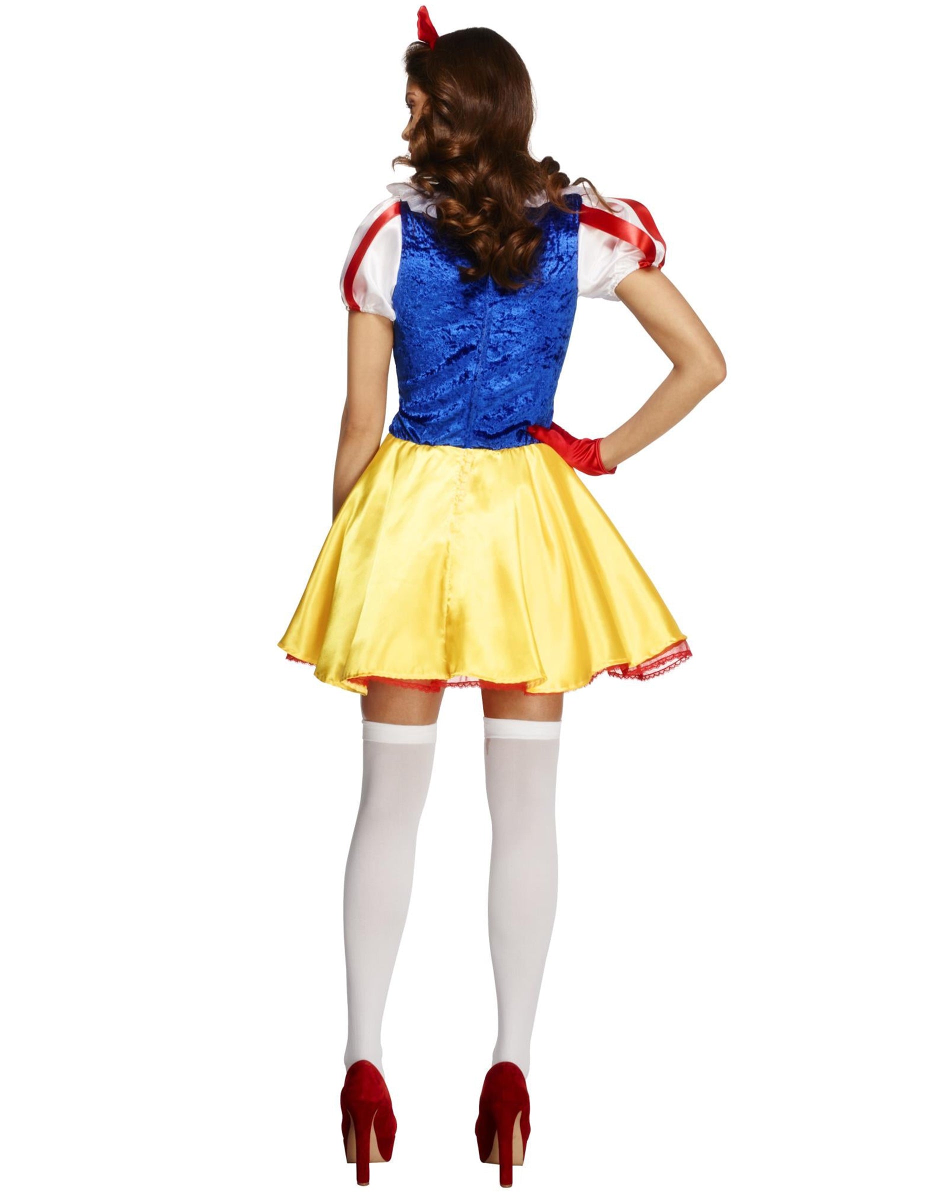 Pohľad zozadu s bielymi pančuchami na sexy kostým rozprávkovej postavy