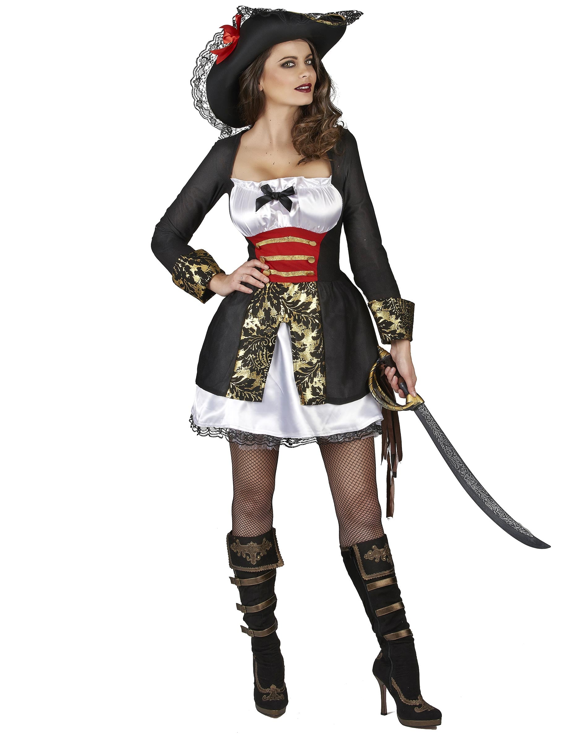 Vue de face avec sabre du déguisement corsaire sexy pour femme