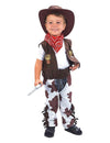 Déguisement de cowboy classique pour garçon marron et blanc avec gilet et jambières imprimé vache