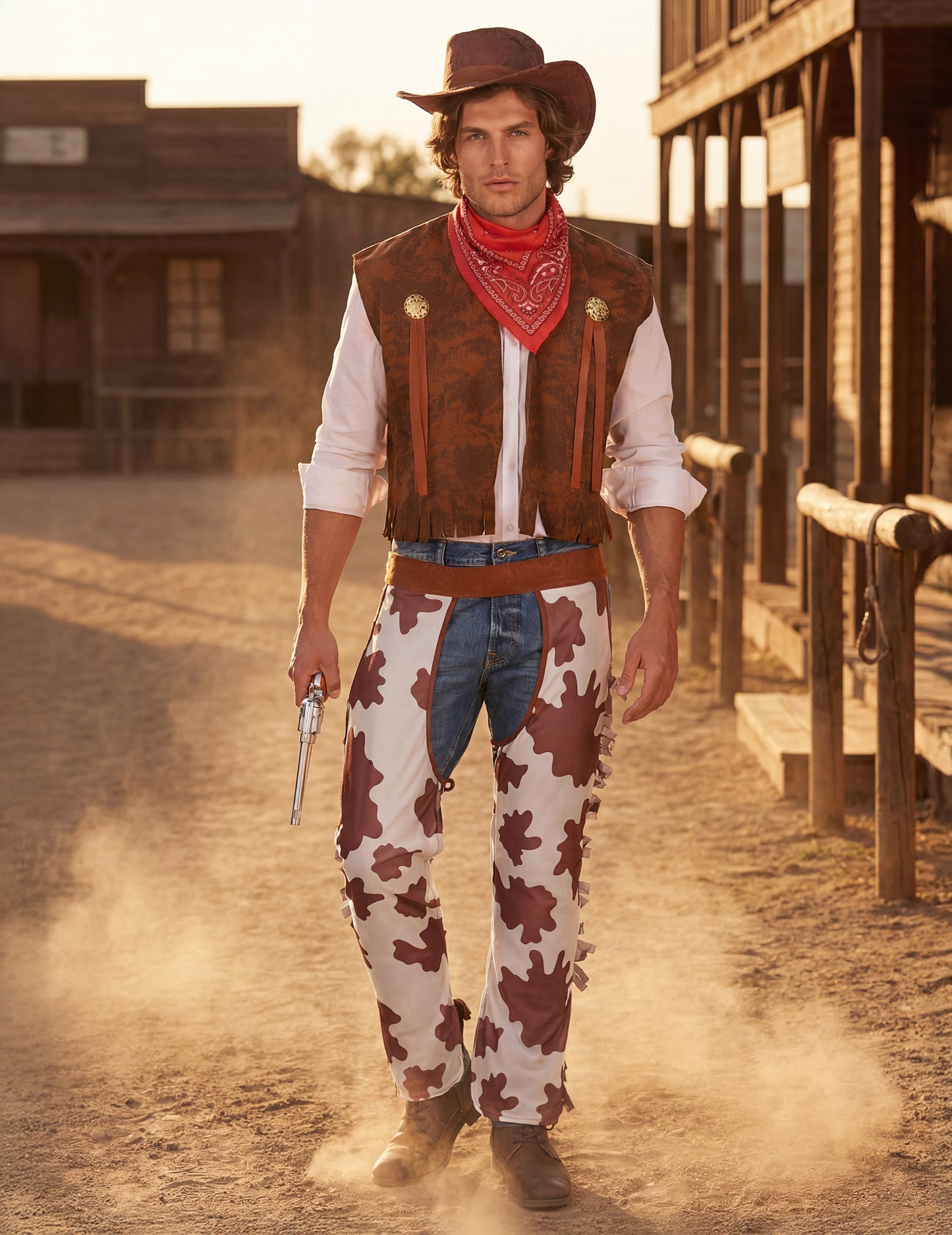 Celkový pohľad na klasický kostým kovboja v situácii