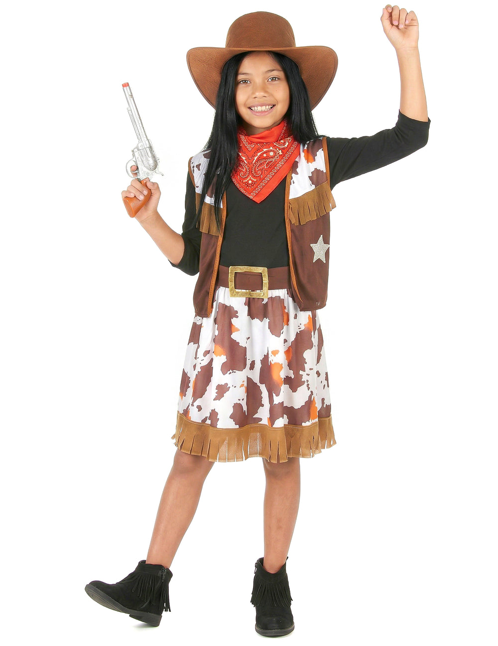 Déguisement cowboy de l'ouest pour fille marron et blanc à motif vache avec chapeau et bandana rouge