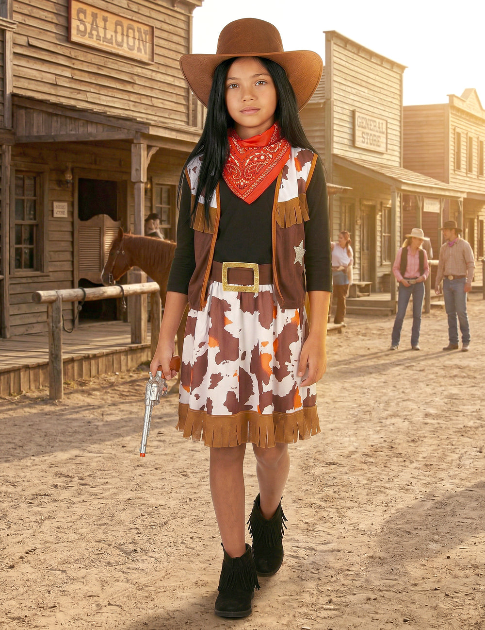 Mise en situation de face dans un décor western du déguisement cowboy de l'ouest