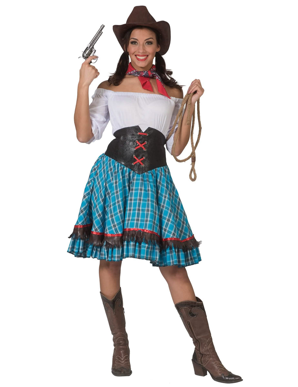 Kostým cowgirl pre ženu s modrými kockami, čiernym korzetom a klobúkom