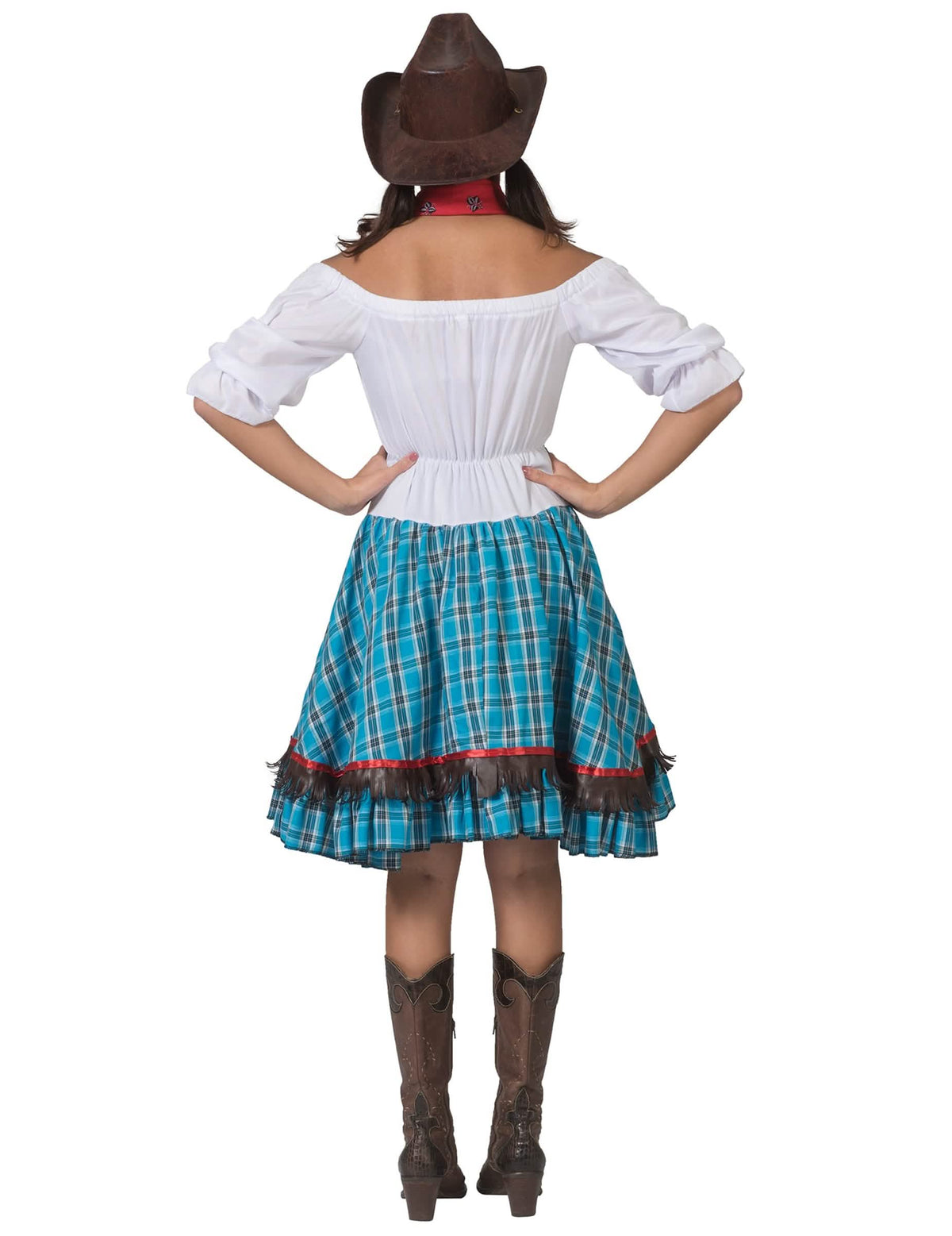 Pohľad zozadu na kostým cowgirl s modrými kockami
