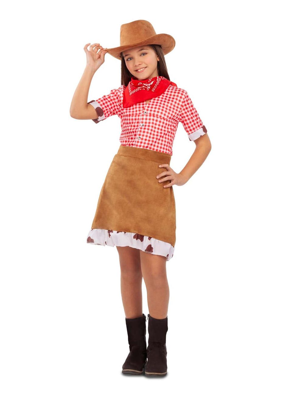 Déguisement cowgirl de l'Ouest pour fille rouge et marron avec chapeau