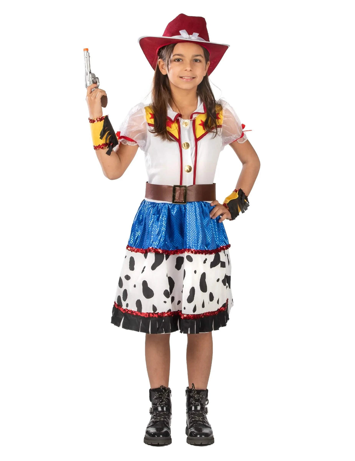 Kreslený kostým cowgirl pre dievča s červená klobúkom a sukňou s kravím motívom