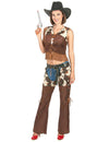 Déguisement cowgirl pantalon pour femme marron à motif vache avec chapeau noir