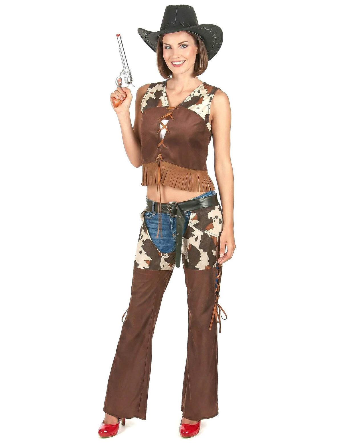 Kostým cowgirl nohavice pre ženu hnedej farby s motívom krava s čierna klobúkom