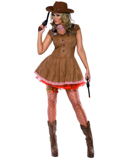 Déguisement de cowgirl sexy pour femme marron avec détails vichy rouges et blancs
