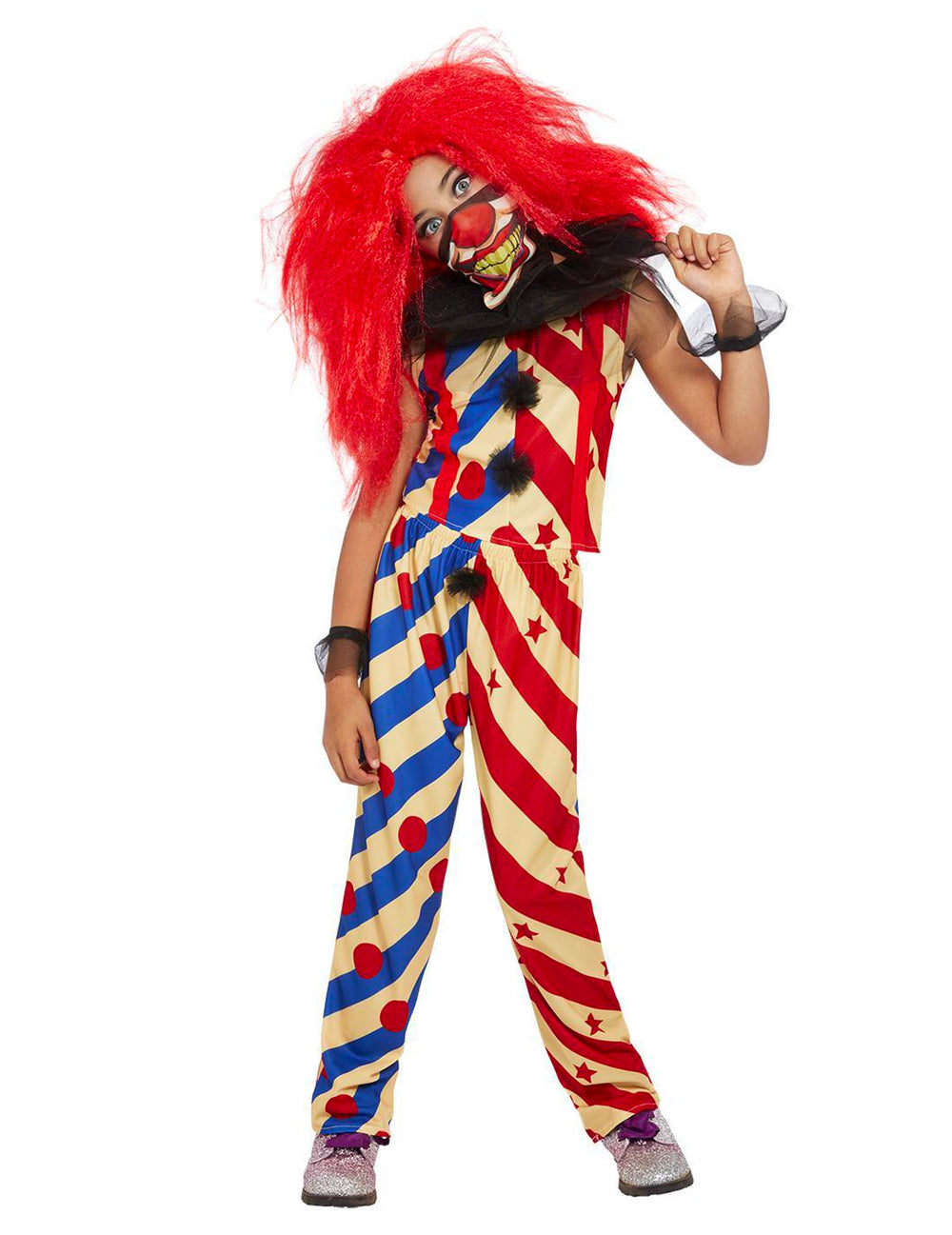 Déguisement creepy clown bicolore pour fille rouge et bleu avec perruque rouge