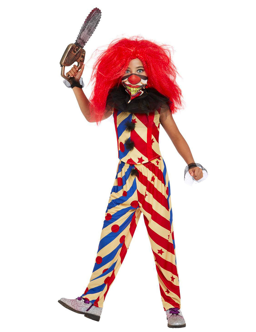 Accessoire tronçonneuse et masque du déguisement creepy clown bicolore pour fille