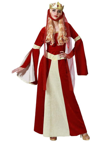 Červená a zlatá stredoveká dáma kostýmová žena