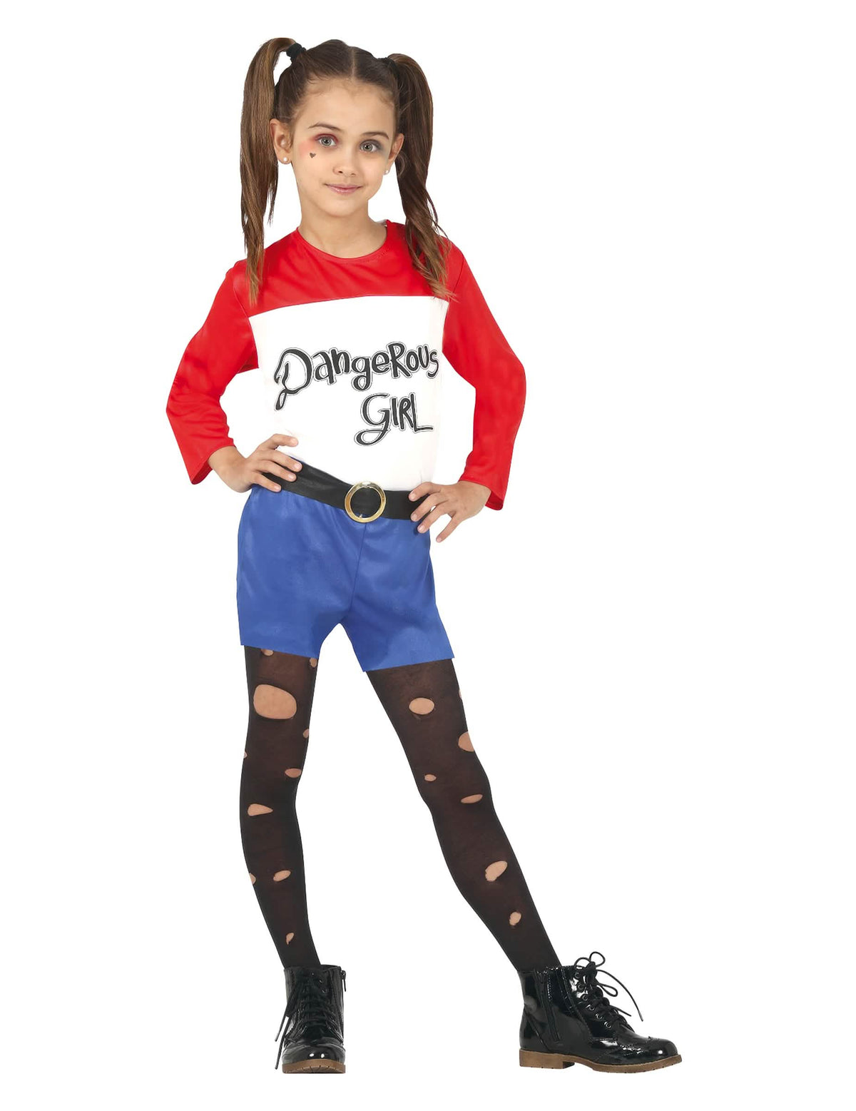 Kostým dangerous girl pre dievča červená biela a modrá s čiernymi pančuchami s dierami