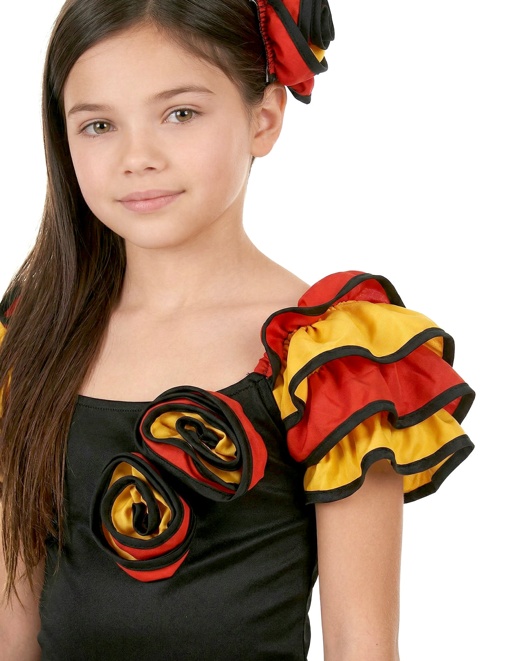 Gros plan sur le buste et les roses du déguisement de danseuse espagnole pour fille
