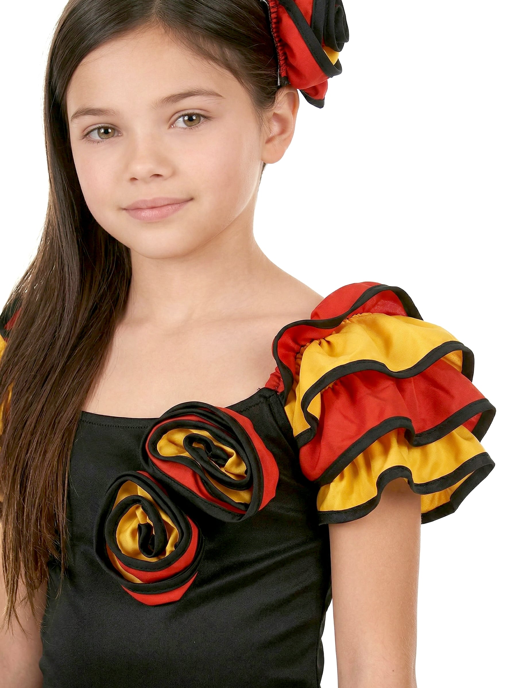 Gros plan sur le buste et les roses du déguisement de danseuse espagnole pour fille