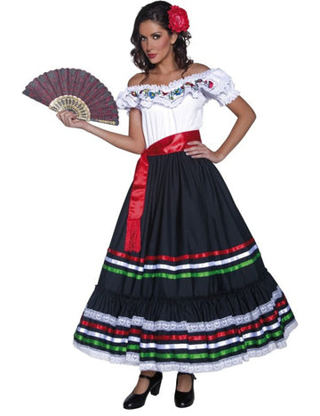 Déguisement de danseuse mexicaine pour femme noir et blanc avec rubans colorés