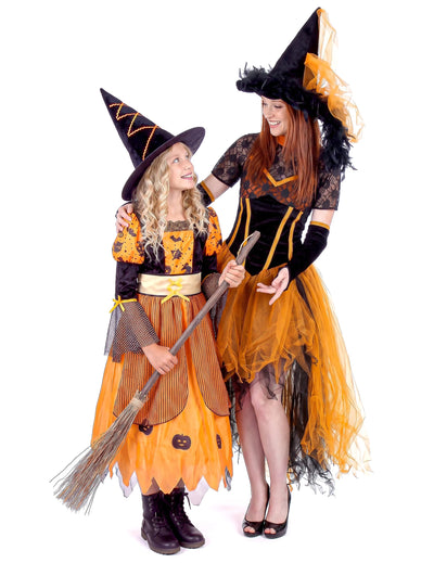 Kostým duo oranžová čarodejnica matka a dcéra Halloween