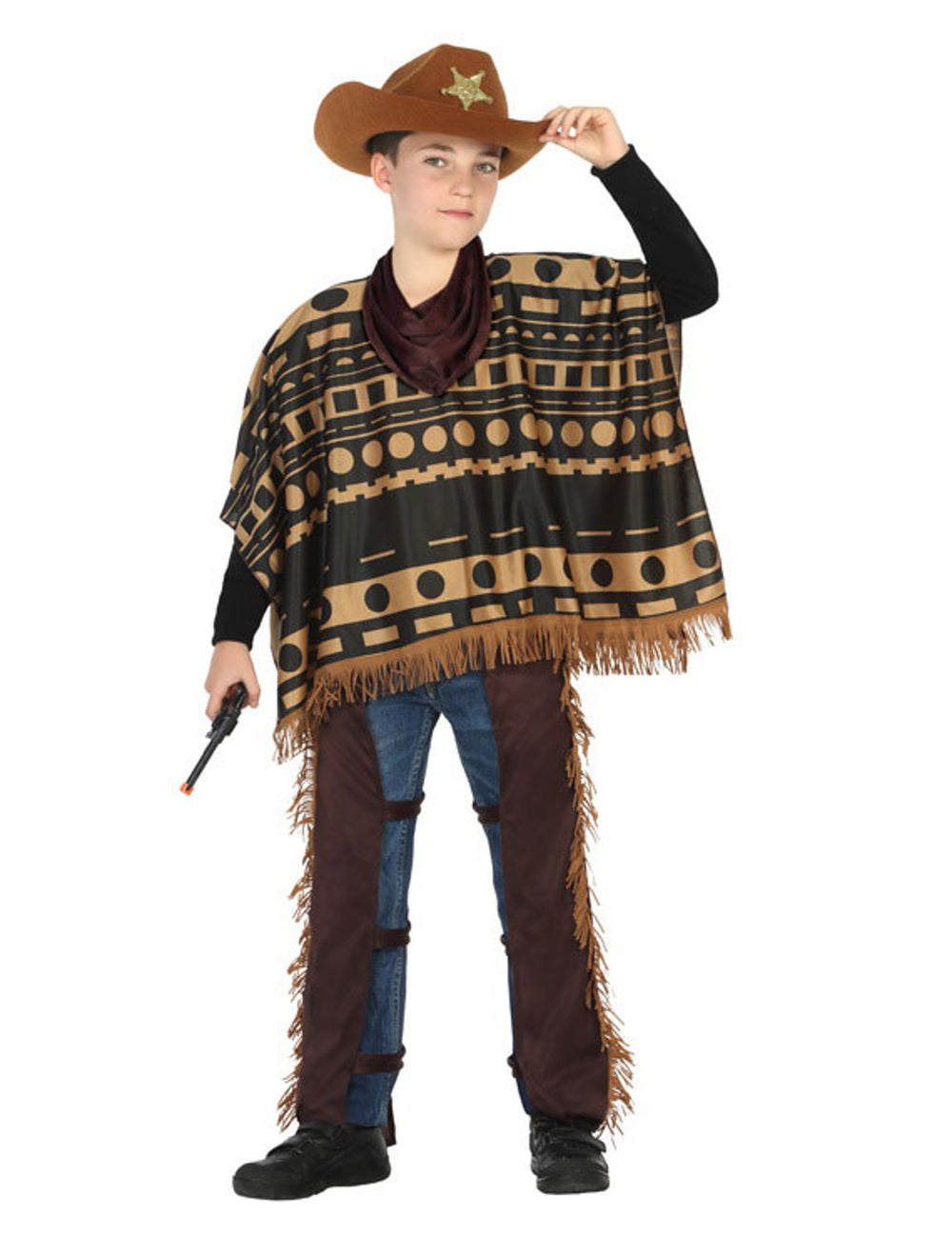 Déguisement de cowboy avec poncho pour garçon marron et noir à motifs avec chapeau
