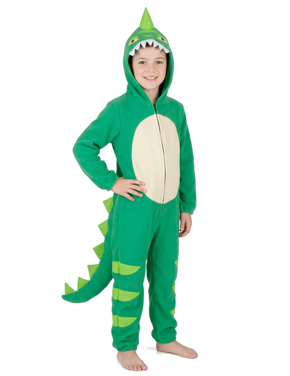 Pohľad spredu v celej dĺžke na kostým dinosaurus pre dieťa
