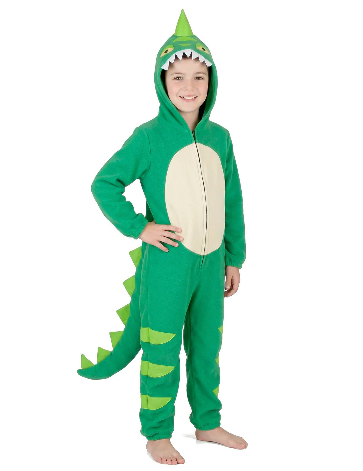 Pohľad spredu v celej dĺžke na kostým dinosaurus pre dieťa