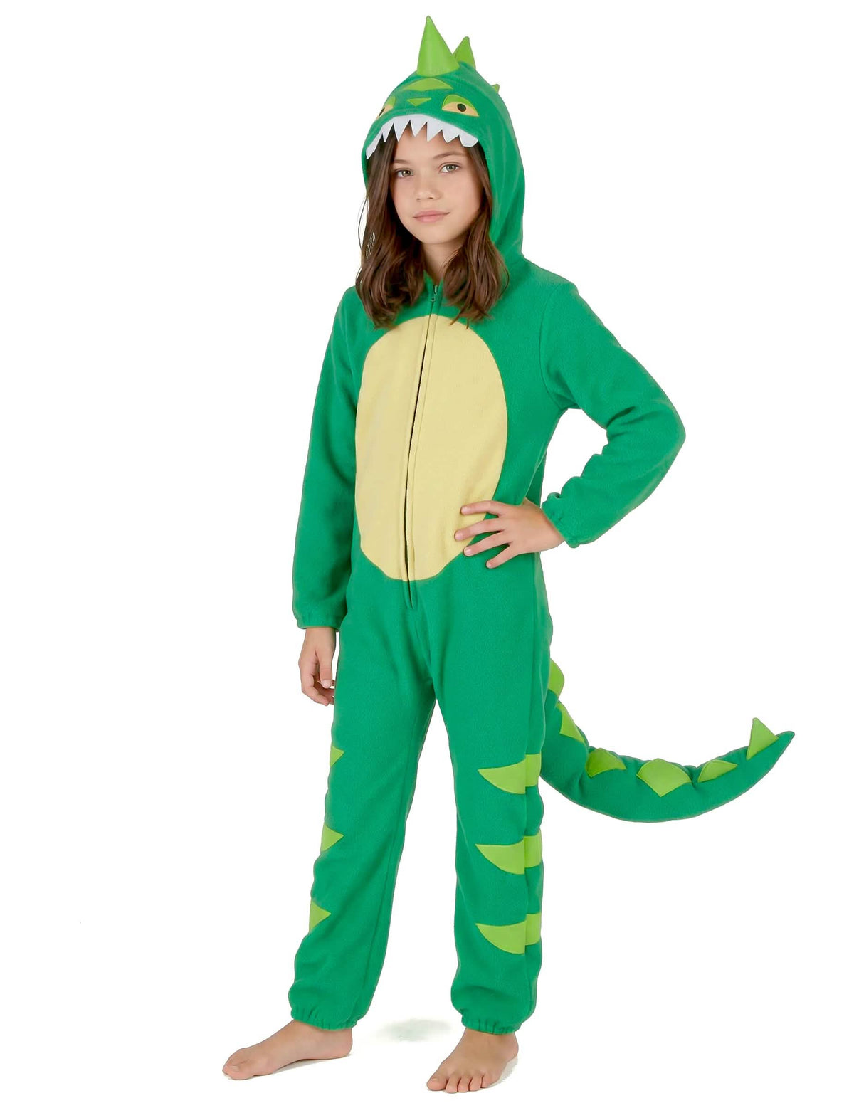 Pohľad spredu s rukou na boku detského dinosaurového kostýmu