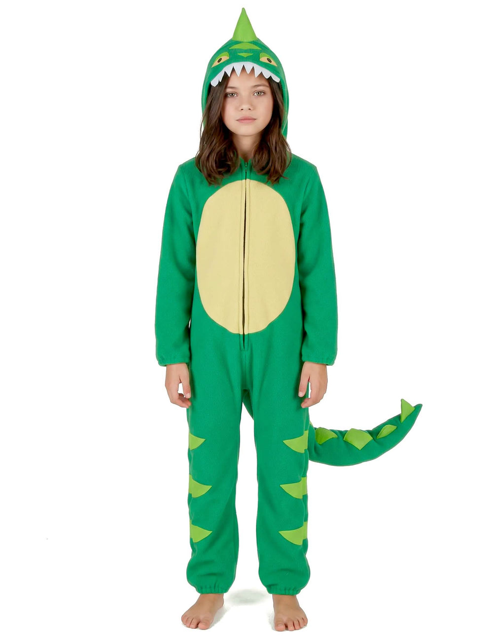 Pohľad spredu s kapucňou detského dinosaurového kostýmu