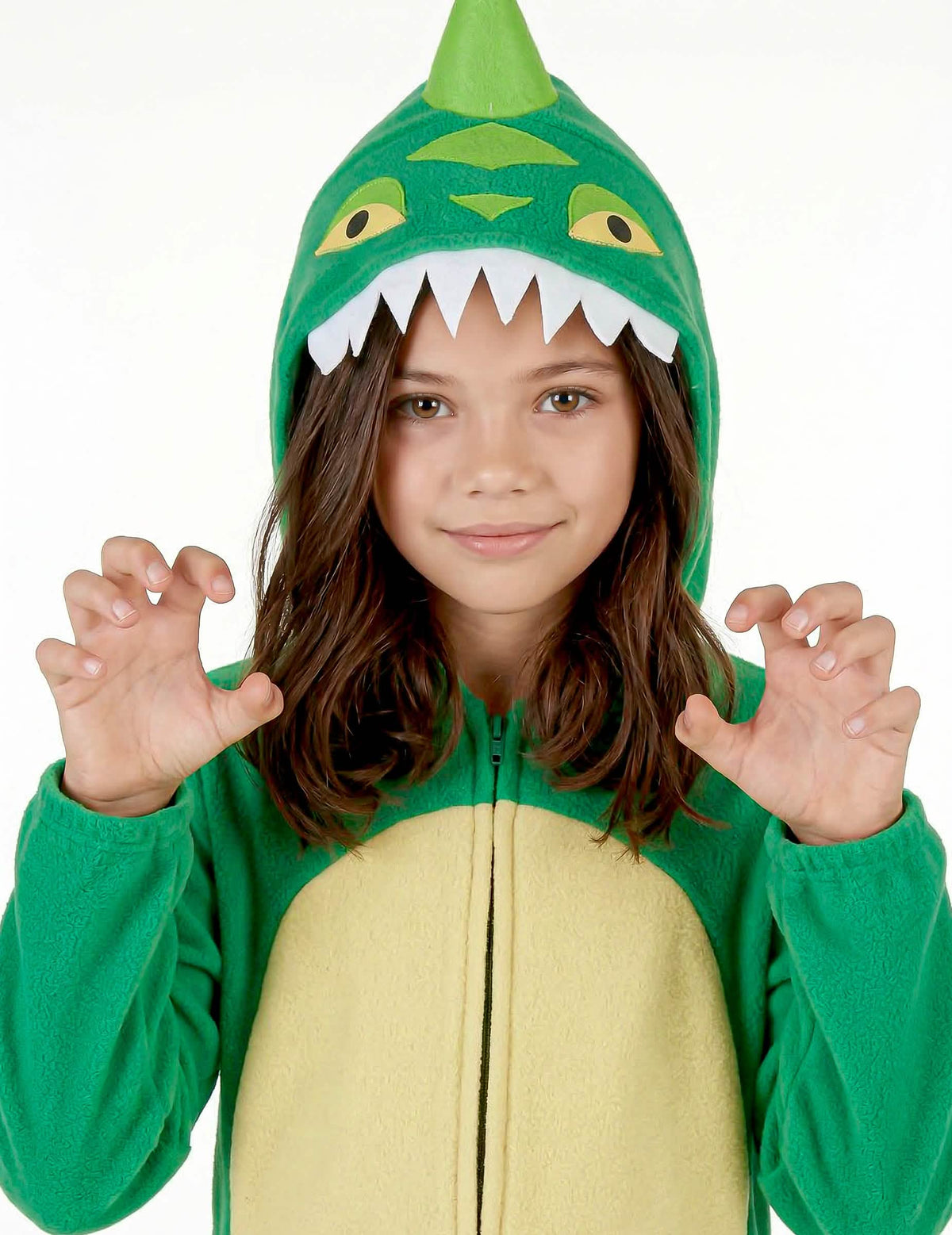 Veľký detail na kapucňu a ruky v pazúroch kostýmu dinosaura pre dieťa