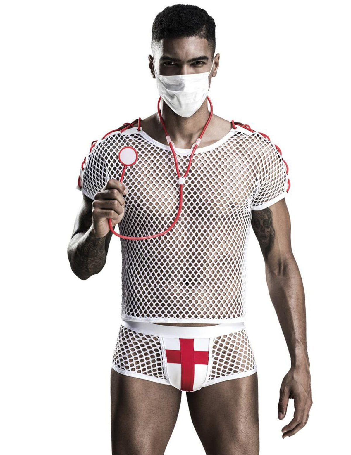 Déguisement de docteur sexy luxe pour homme blanc en résille avec stéthoscope rouge
