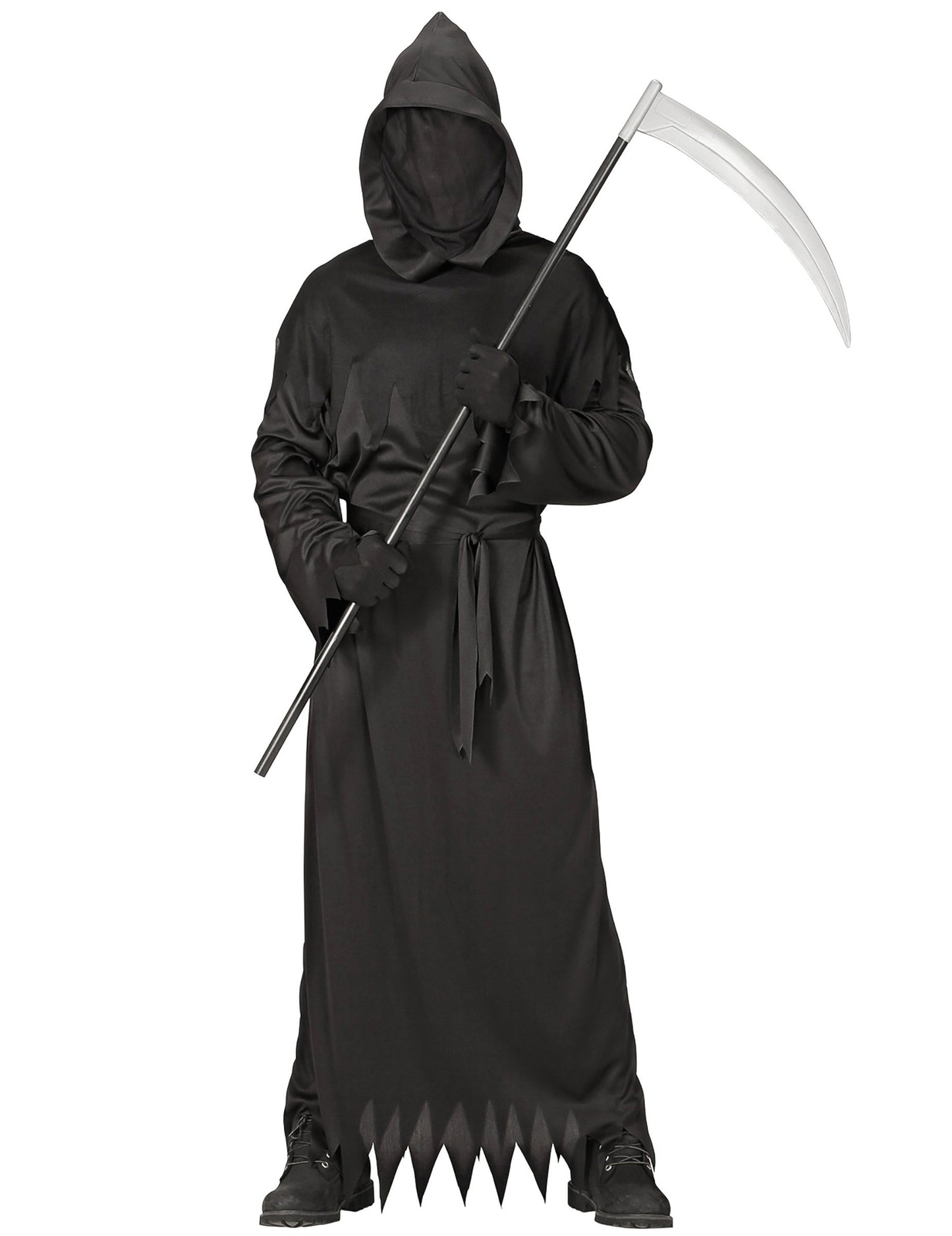 Vue d'ensemble avec accessoire faux du déguisement de la mort pour homme