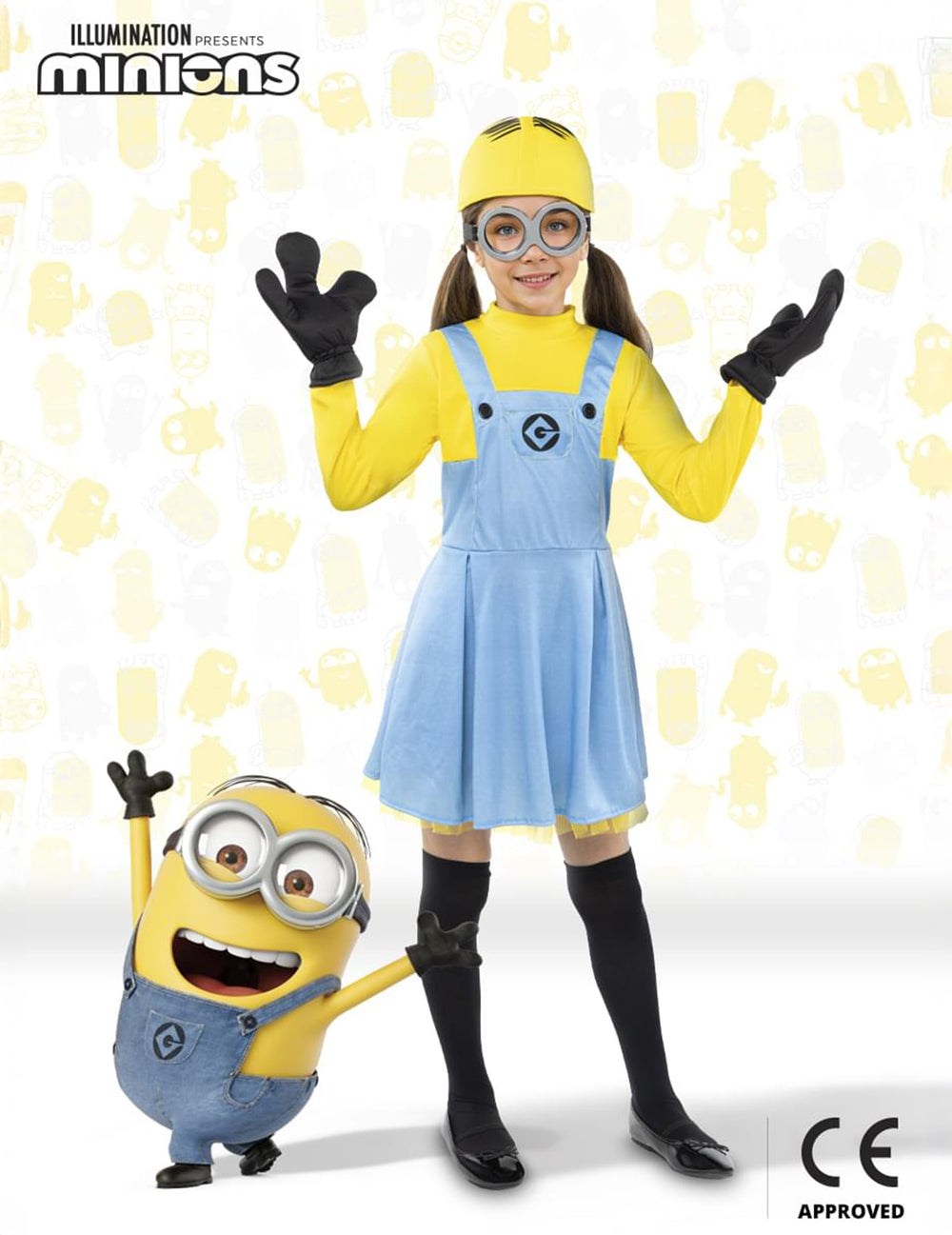 Déguisement de Minions Dave pour fille jaune et bleu avec lunettes et gants