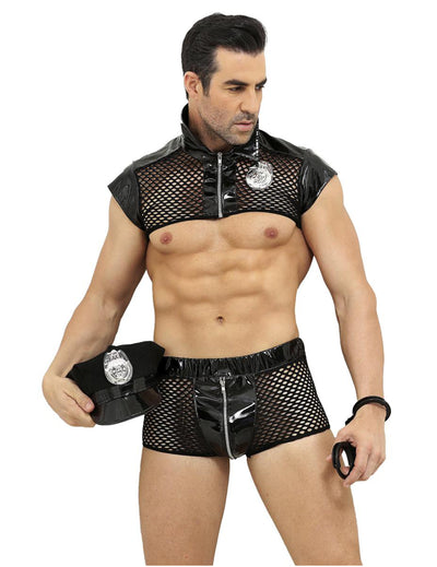 Déguisement de policier sexy luxe pour homme noir en résille et vinyle