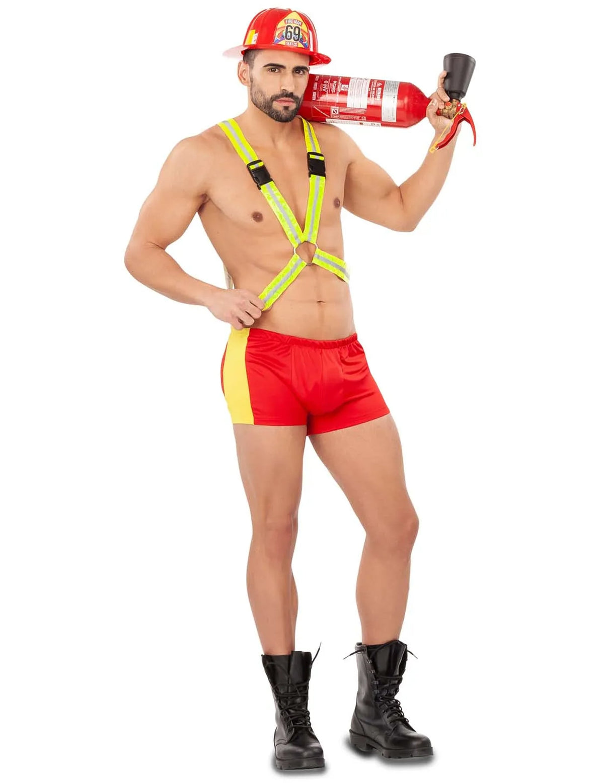 Déguisement de Pompier Sexy pour homme rouge et jaune avec casque et harnais