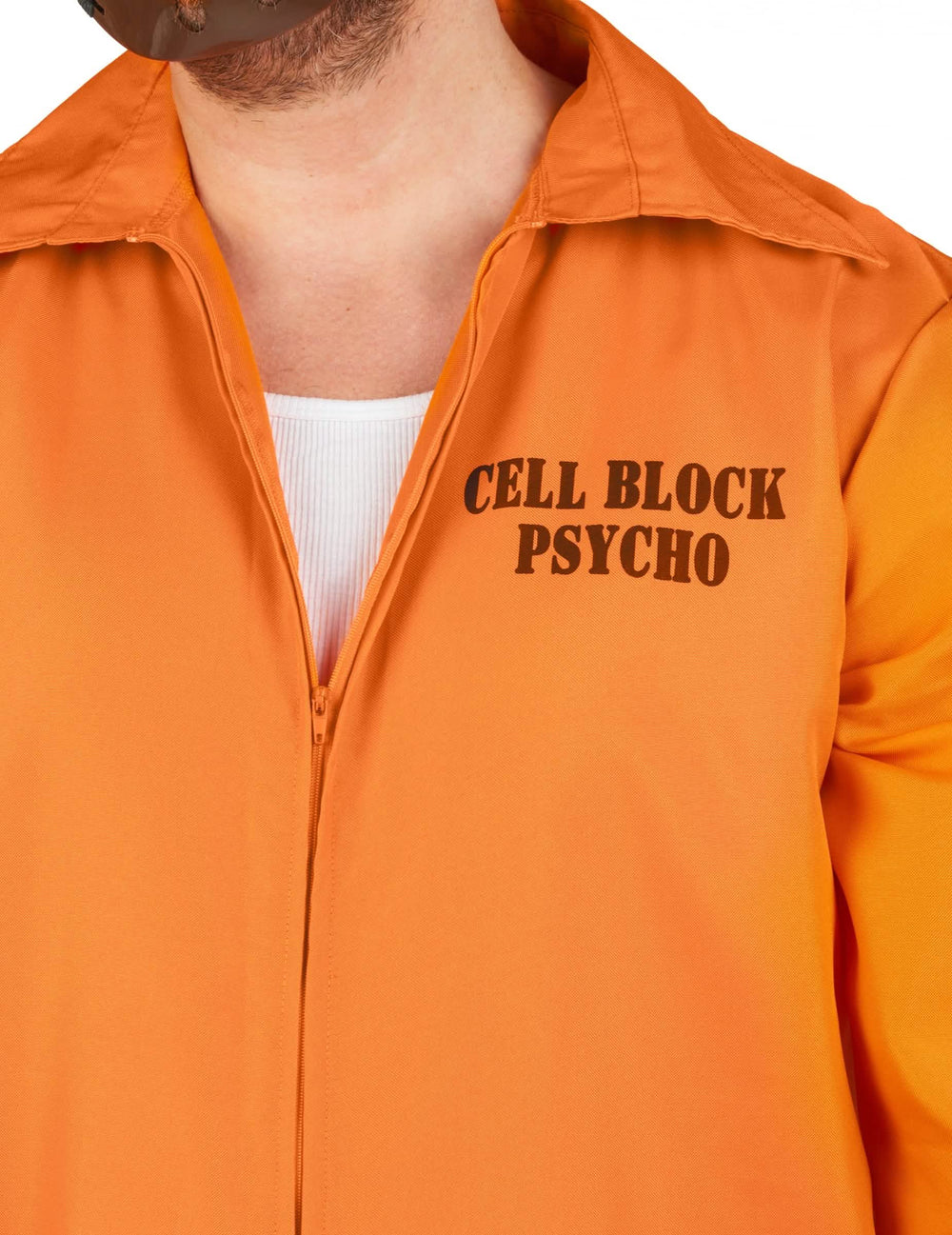 Detail nápisu Cell Block Psycho kostýmu kanibalského väzňa