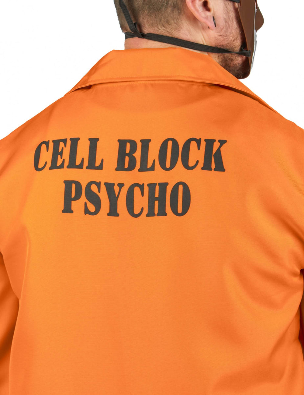 Pohľad zozadu s nápisom Cell Block Psycho na kostýme kanibalského väzňa