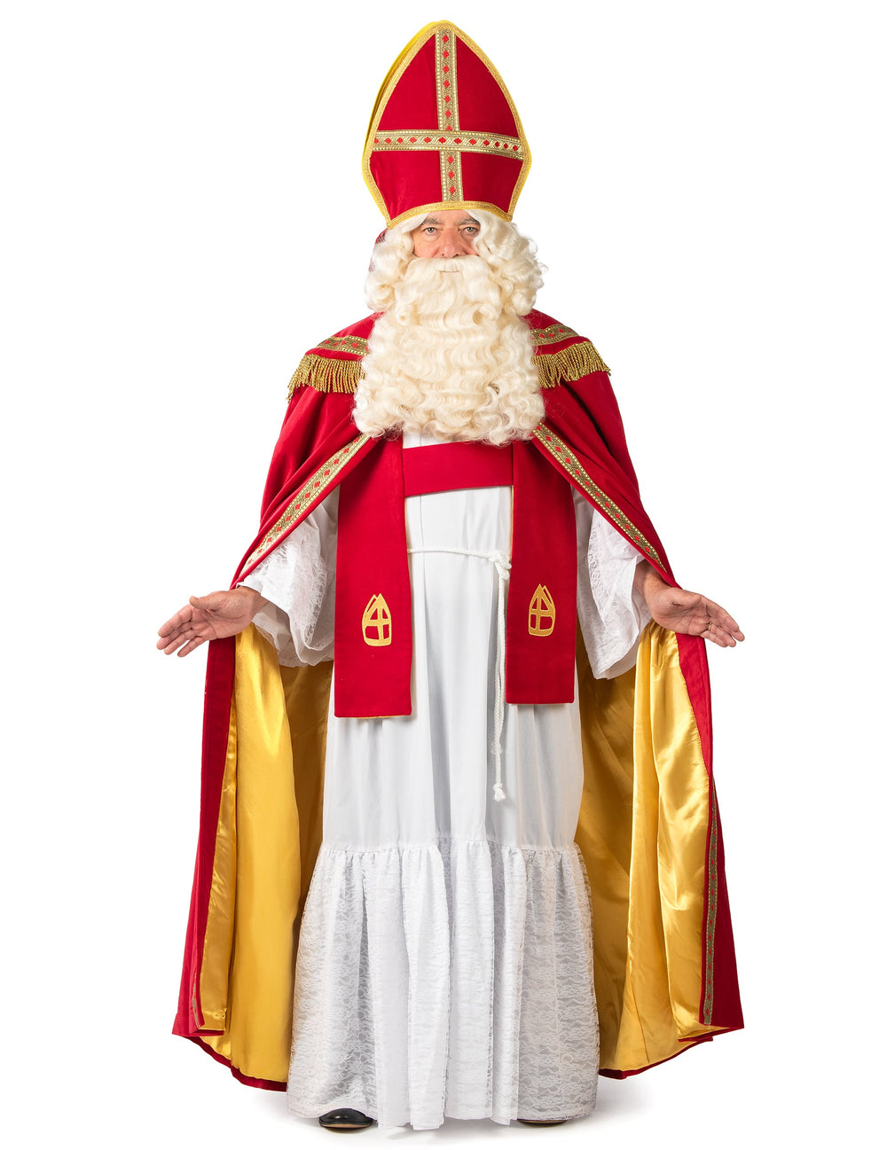 Déguisement de Saint-Nicolas Haut de Gamme pour adulte rouge et blanc avec cape et mitre