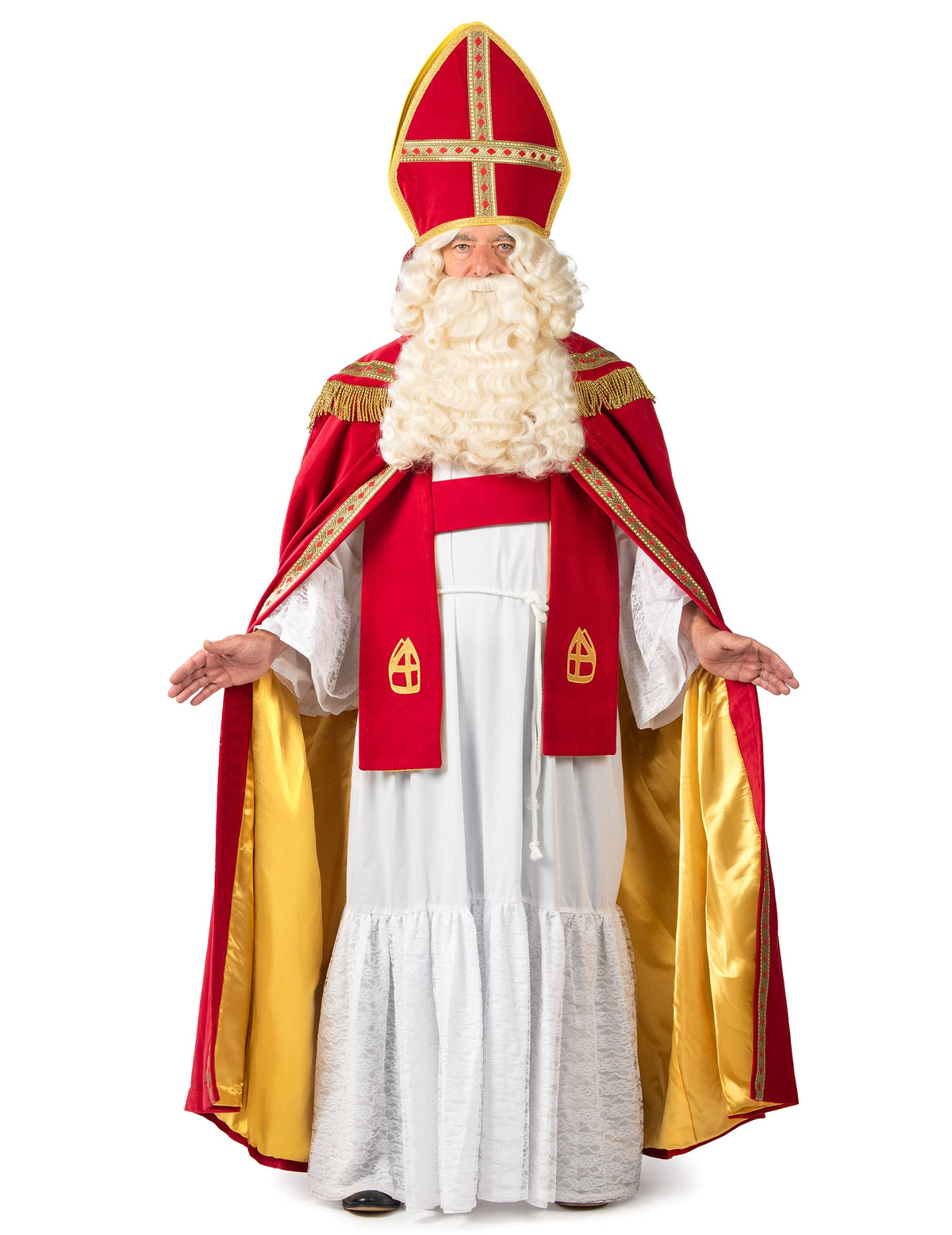Déguisement de Saint-Nicolas Haut de Gamme pour adulte rouge et blanc avec cape et mitre