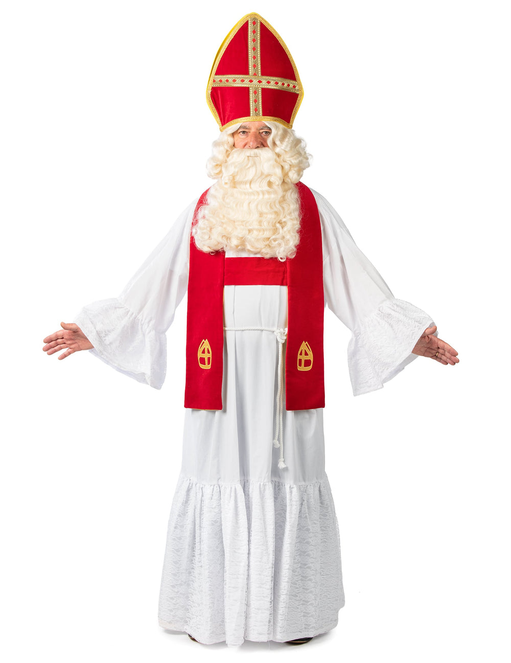 Vue de face de l'aube et de l'étole du déguisement de Saint-Nicolas Haut de Gamme