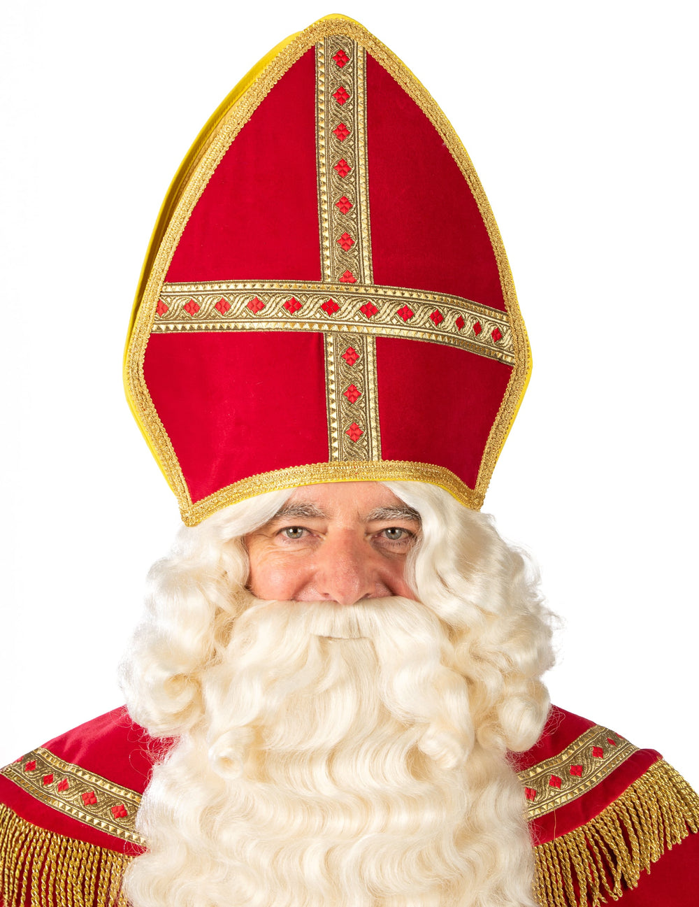 Gros plan sur la mitre et la barbe du déguisement de Saint-Nicolas Haut de Gamme