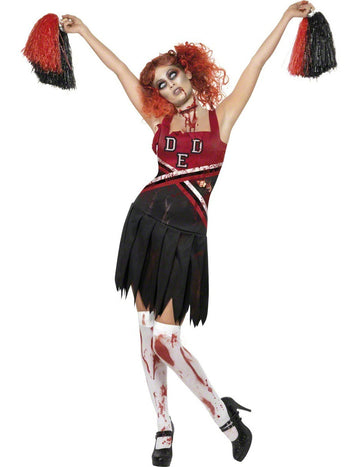 Déguisement zombie pompom girl pour femme rouge et noir ensanglanté