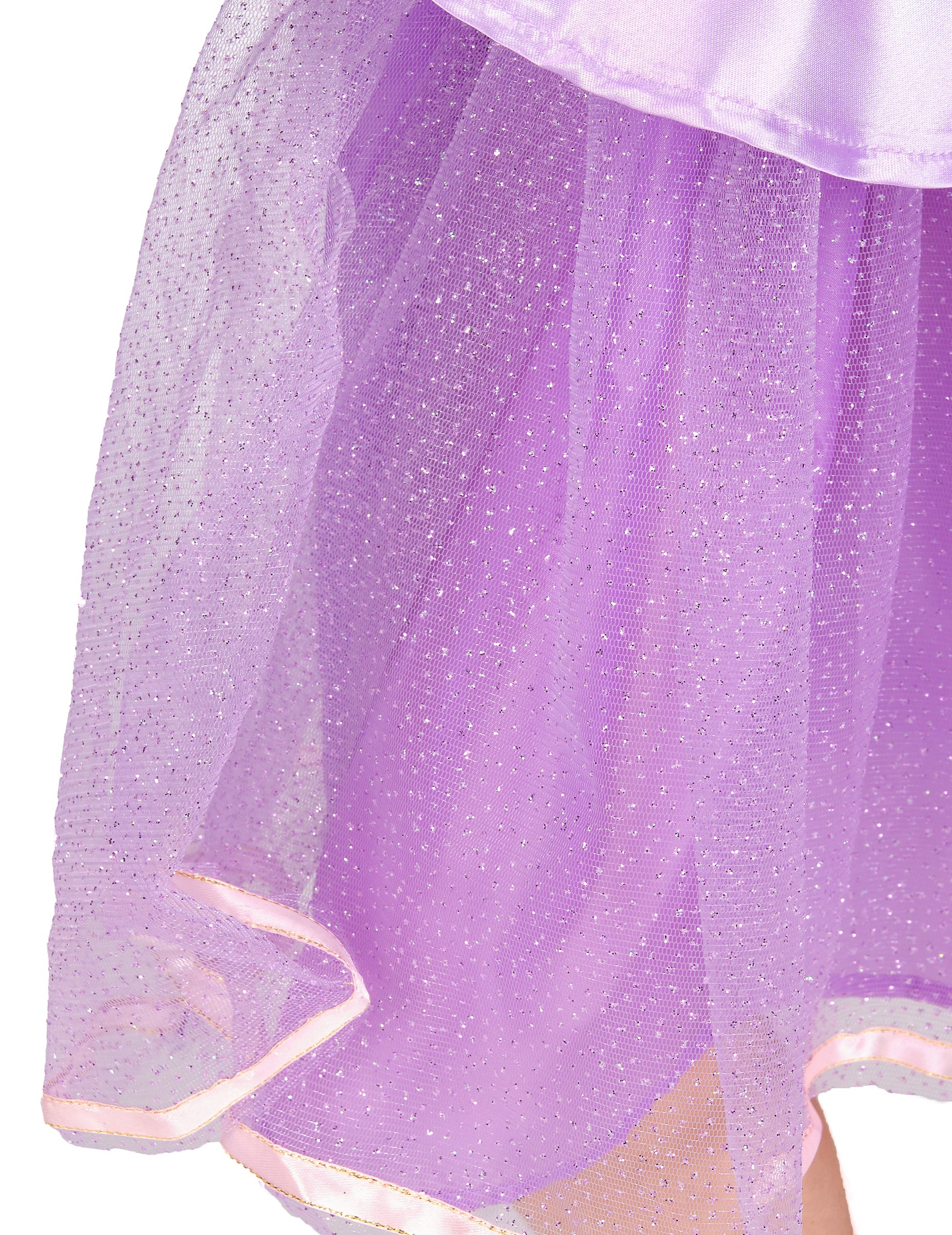 Gros plan sur le jupon en tulle pailleté du déguisement deluxe Raiponce™ pour fille