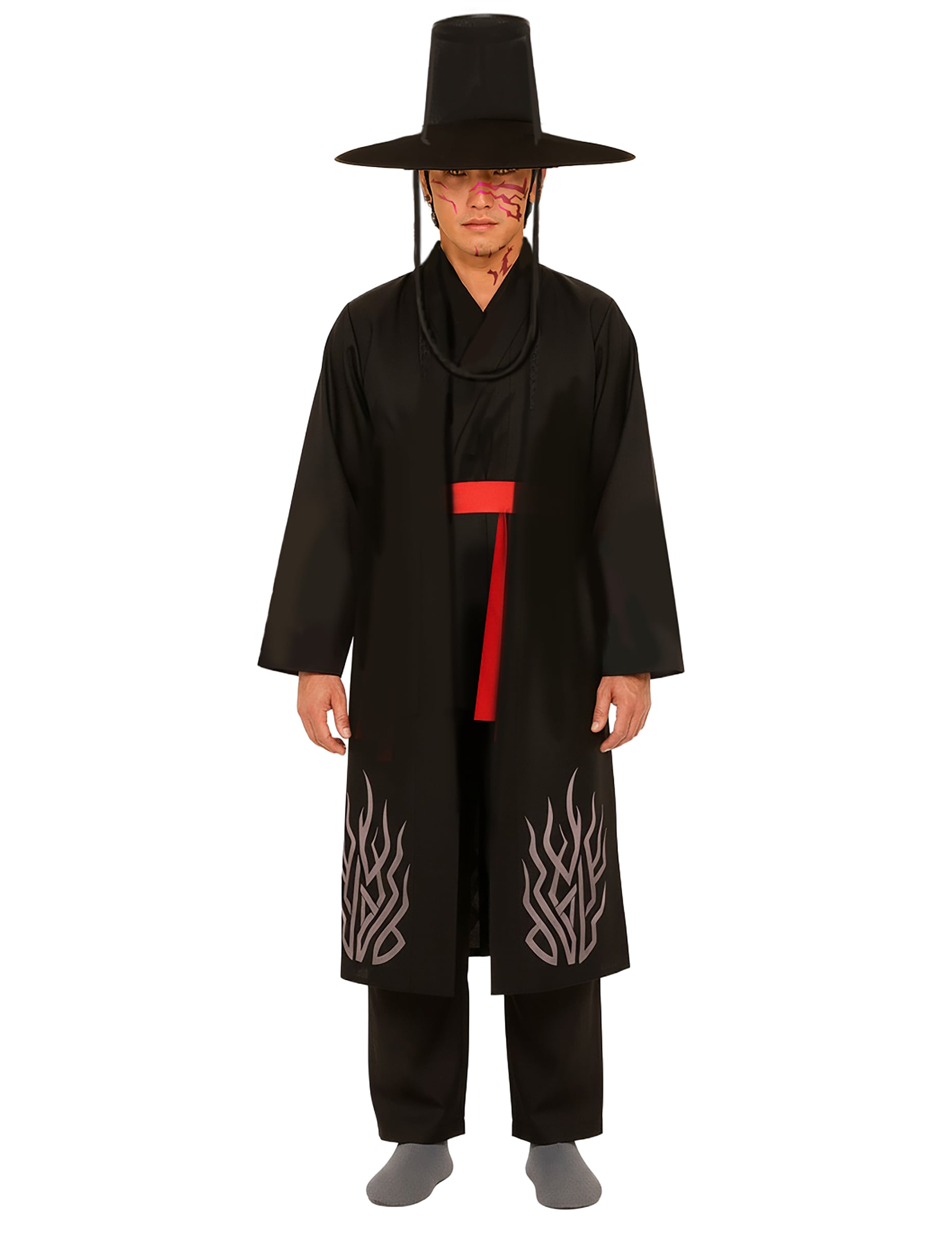 Déguisement de démon possédé pour adulte noir avec ceinture rouge et chapeau