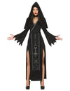 Déguisement démon satanique pour femme noir avec symboles occultes et capuche