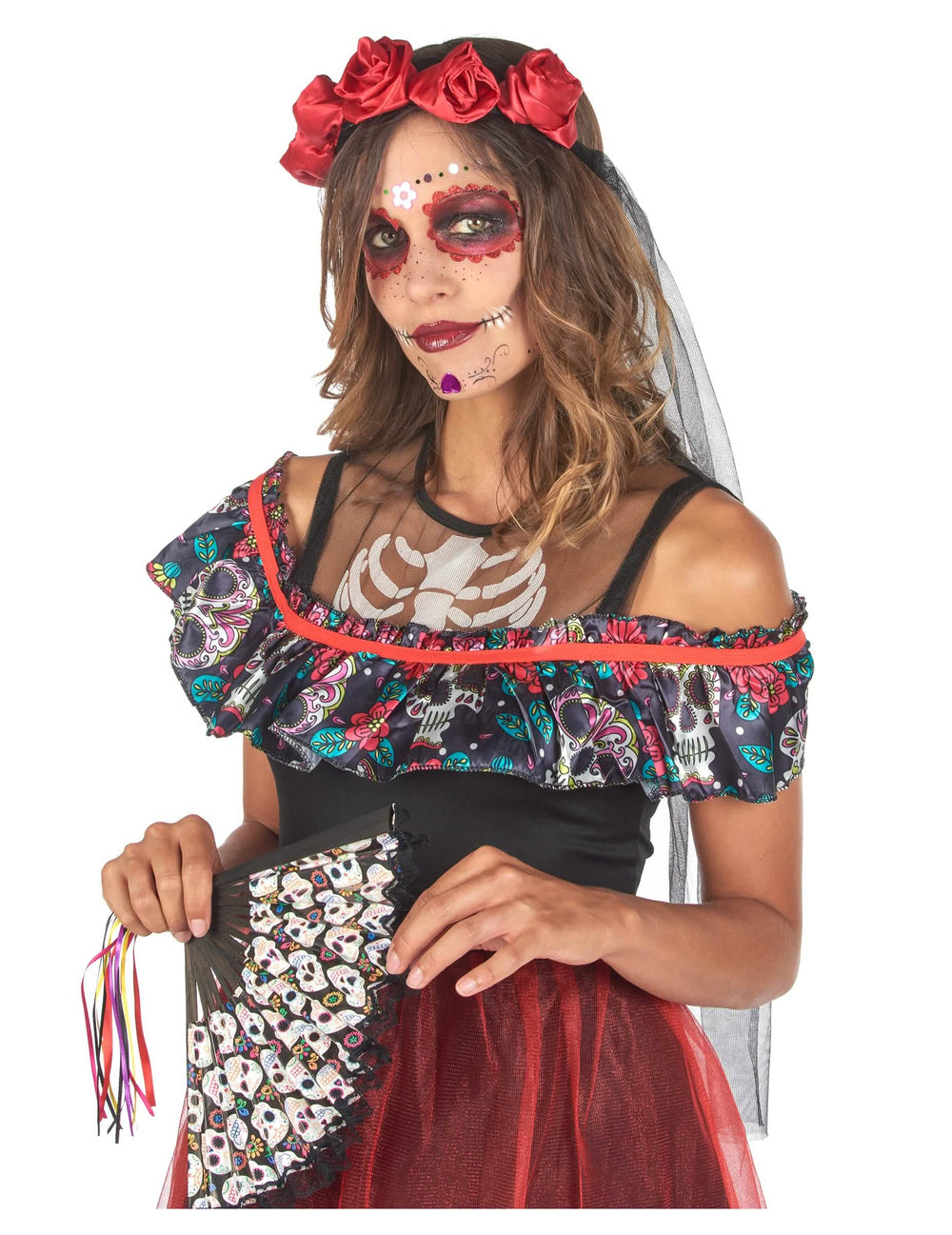 Vejár s motívom lebiek ku kostýmu Día de los Muertos pre ženu
