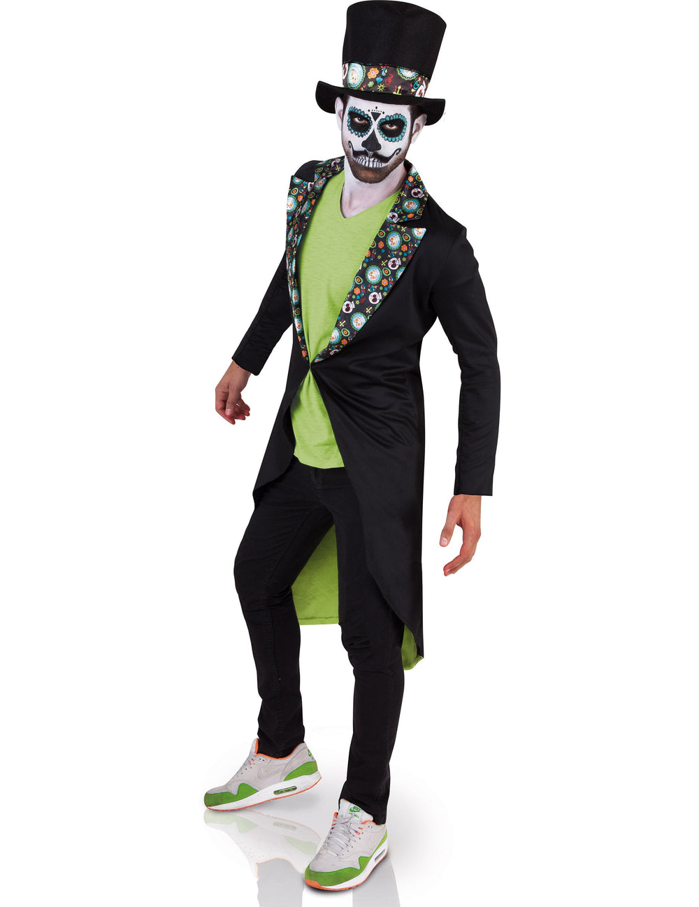 Déguisement Dia de los muertos pour homme noir et vert avec chapeau haut-de-forme