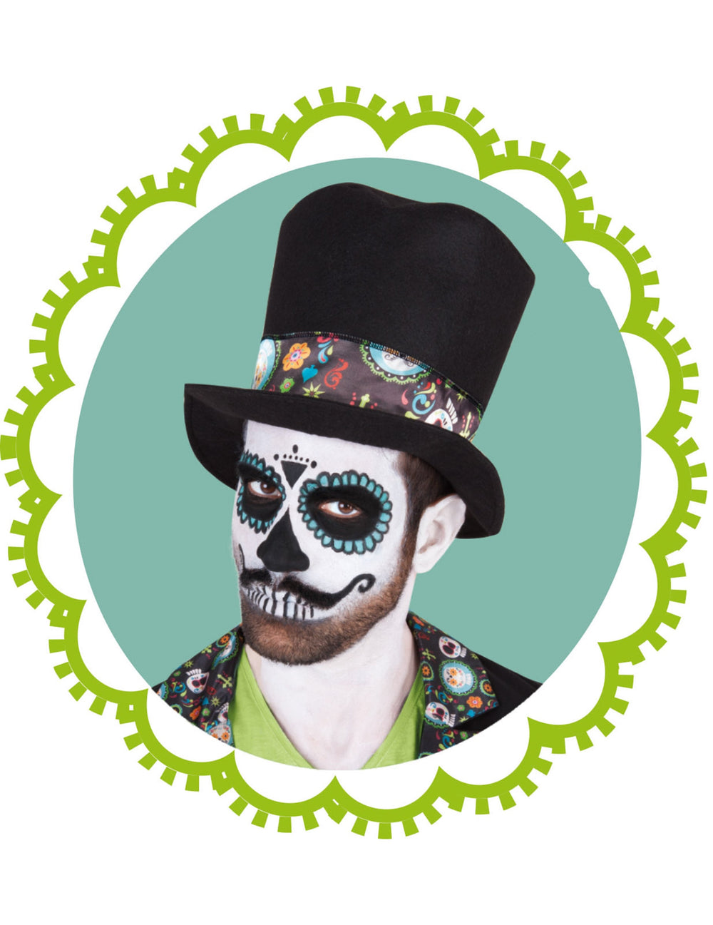 Gros plan sur le maquillage et le chapeau haut-de-forme du déguisement Dia de los muertos pour homme