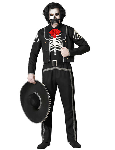 Déguisement Dia de los muertos pour homme noir avec motifs squelette et sombrero